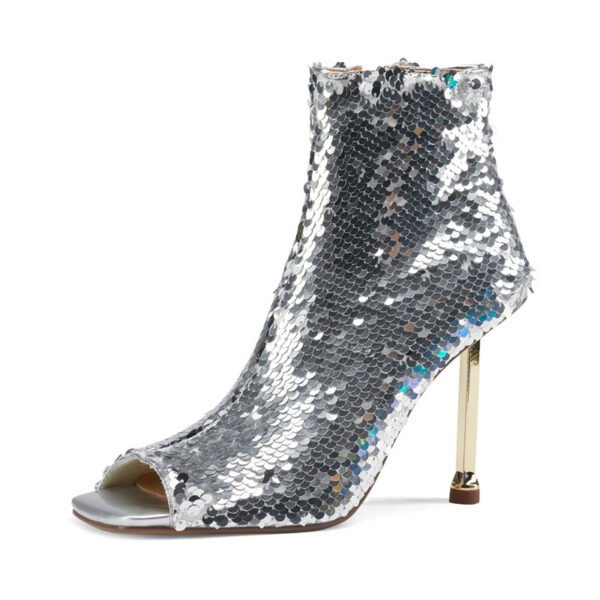 Fashion Sequined Fish Mouth Zipper Stiletto High Heels Women's Cool Boots - Image 4