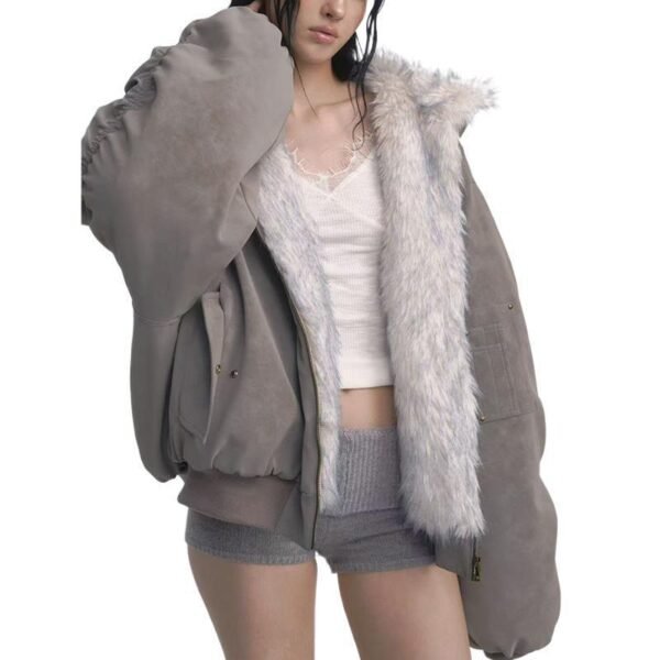 Gray Double-sided Dyed Pointed Fur Vintage Cotton-padded Jacket Coat - Image 5