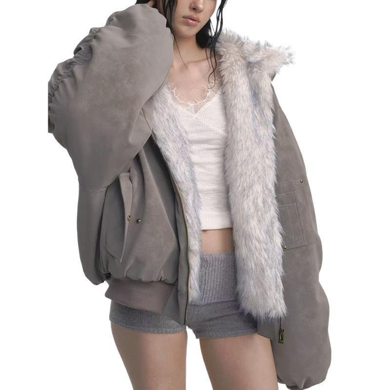 Gray Double-sided Dyed Pointed Fur Vintage Cotton-padded Jacket Coat - Image 5