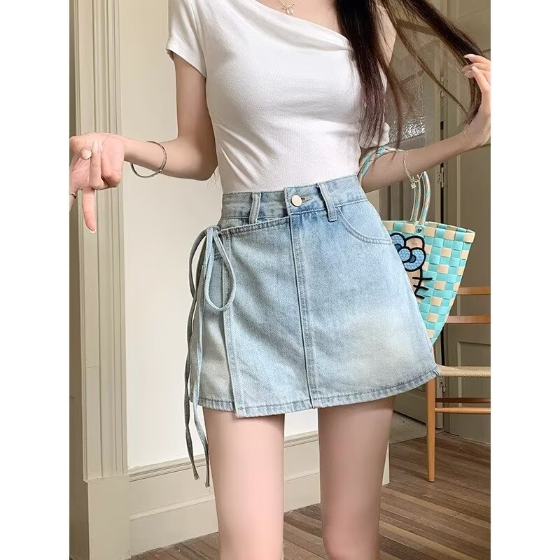 Pieces Denim Shorts Summer A- Line High Waist Irregular - Image 2