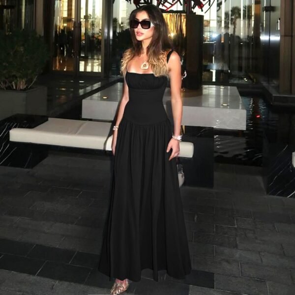 Off-neck Pleated Stitching High Waist Slimming Solid Color Sling Dress - Image 2