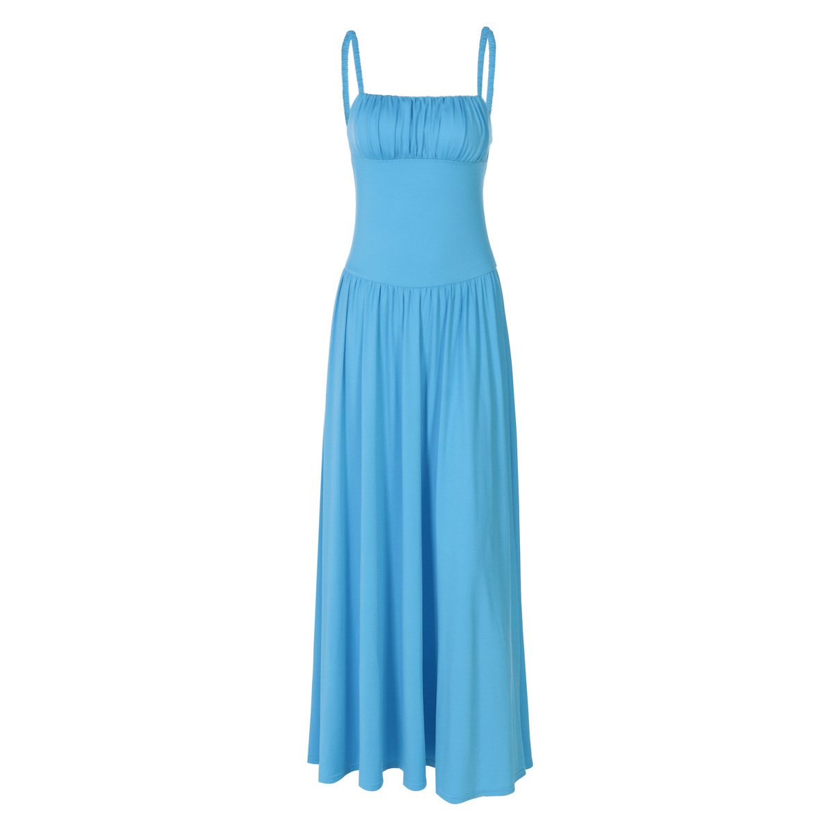 Off-neck Pleated Stitching High Waist Slimming Solid Color Sling Dress - Image 5