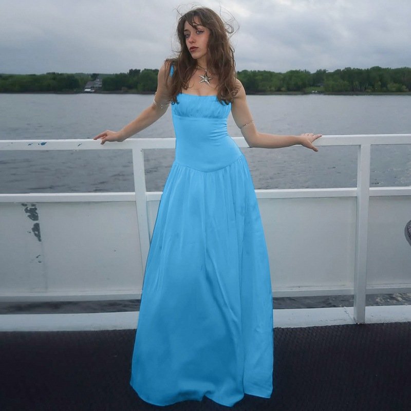 Off-neck Pleated Stitching High Waist Slimming Solid Color Sling Dress - Image 4