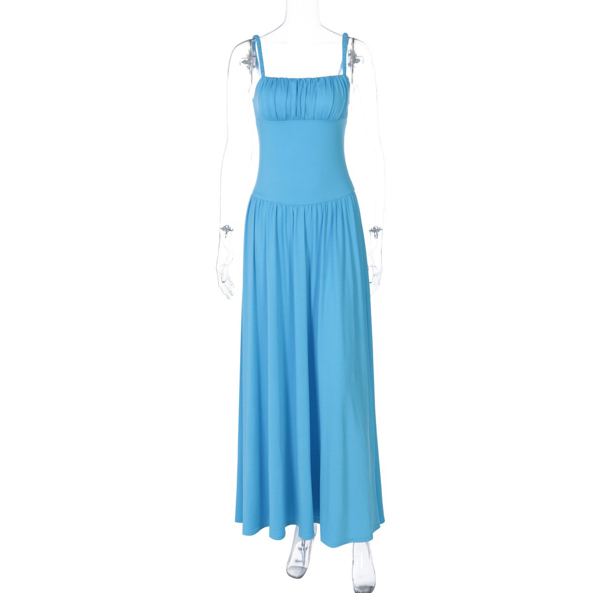 Off-neck Pleated Stitching High Waist Slimming Solid Color Sling Dress - Image 3