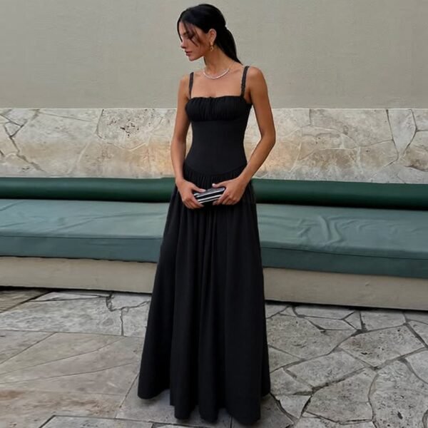 Off-neck Pleated Stitching High Waist Slimming Solid Color Sling Dress - Image 6
