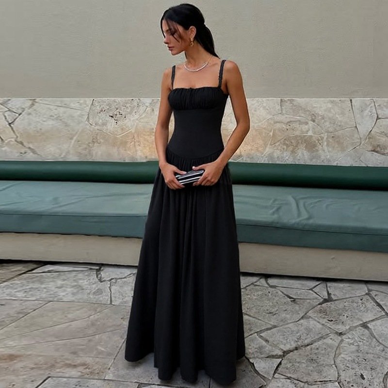 Off-neck Pleated Stitching High Waist Slimming Solid Color Sling Dress - Image 6