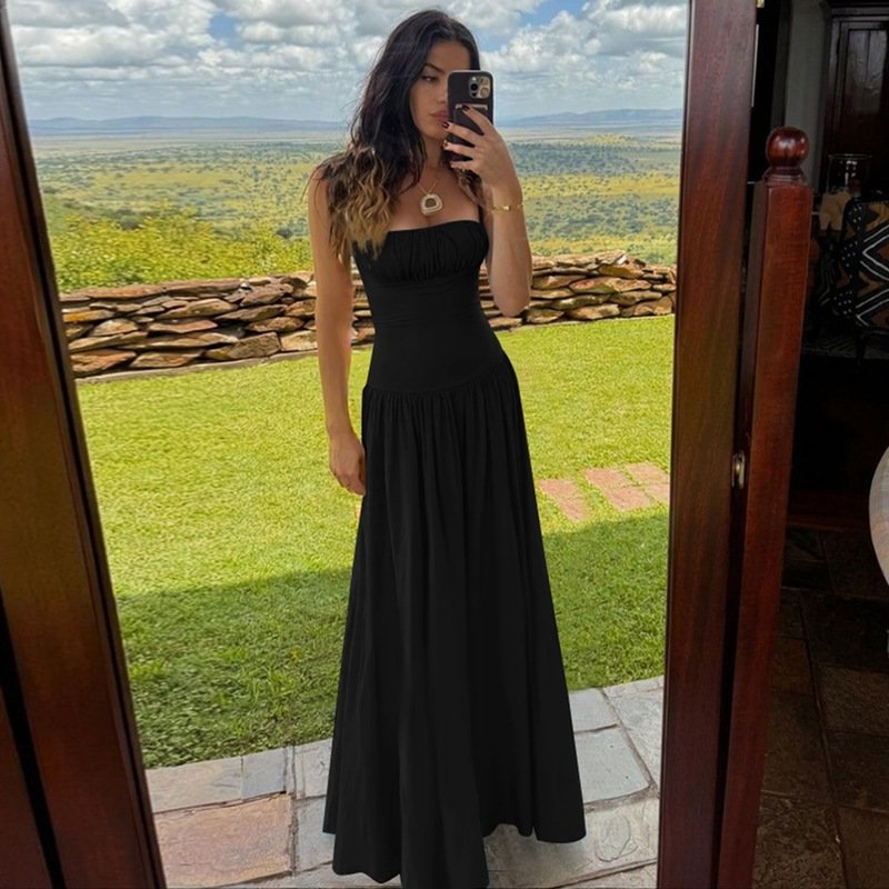 Off-neck Pleated Stitching High Waist Slimming Solid Color Sling Dress - Image 7