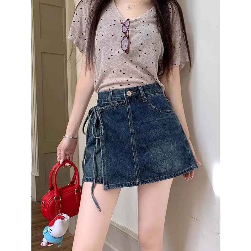 Pieces Denim Shorts Summer A- Line High Waist Irregular - Image 3
