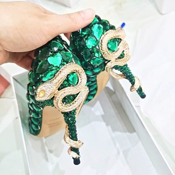 Women's Diamond Hand Green Snake-shaped Stiletto Heels - Image 3