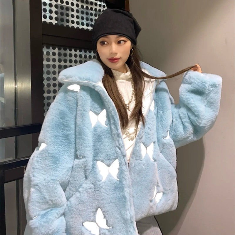 Casual Loose Plush Reflective Faux Leather Coat - Image 2