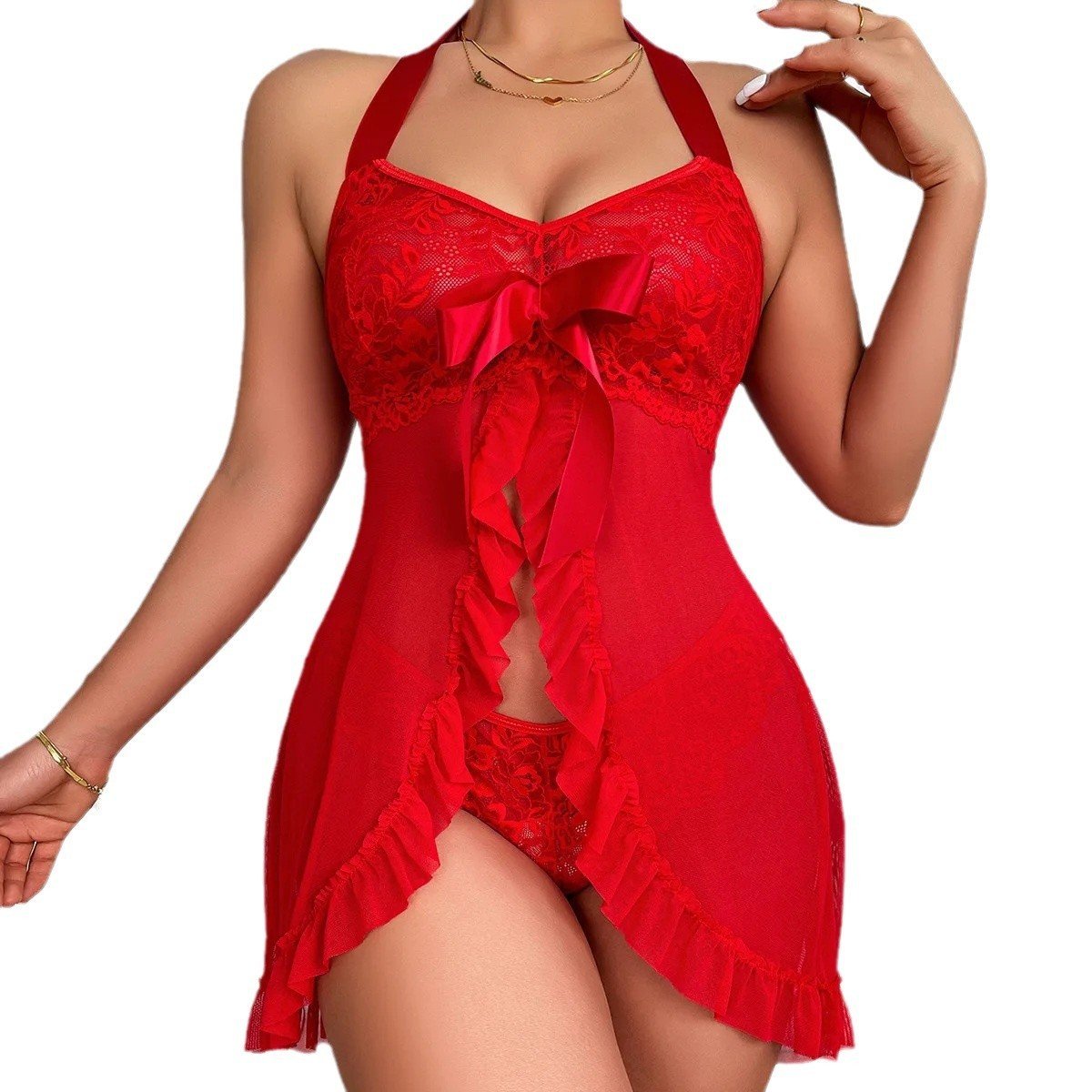 Lace Mesh See-through Halter Nightdress - Image 4