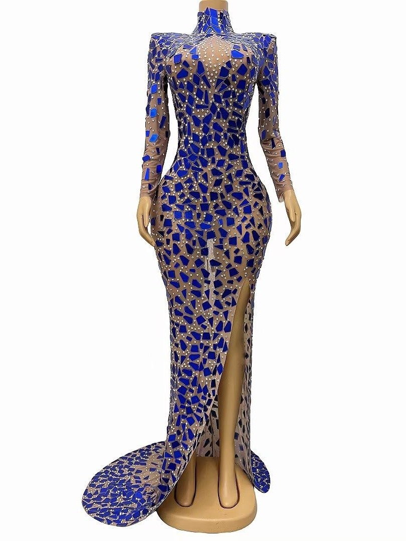 Performance Costume Sexy Elegant Turtleneck Blue Lens Dress Banquet Dress - Image 3