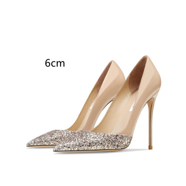 Women's Leather Stitching Gold Sequins High Heels - Image 5