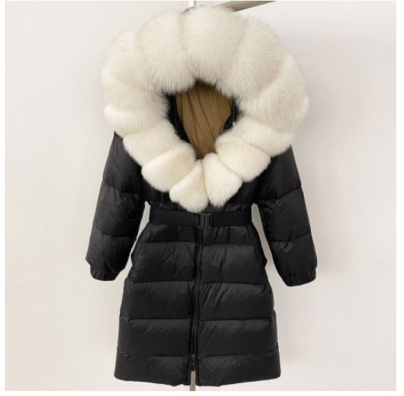 Women's Long Cinched Hoodie Real Fox Fur Collar Coat - Image 10
