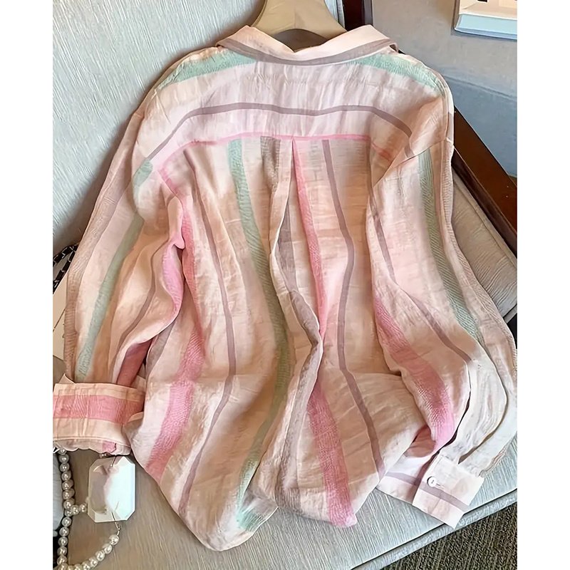 Womens Button Down Shirts Stylish Striped Long Sleeve Collared Office Work Blouses Tops - Image 3