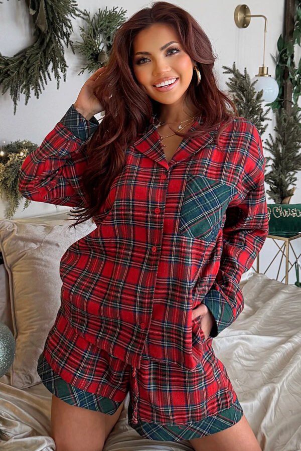 Red Plaid Contrast Patched  Long Sleeve Shirt - Image 2