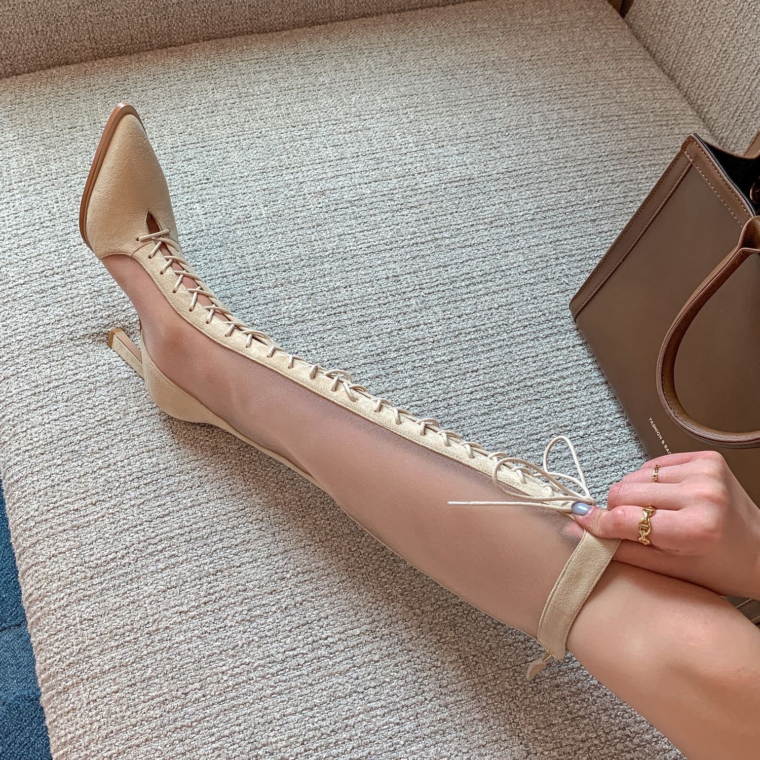 Stiletto Heels Pointy Toe Cross Strap Sandal Boots Mesh Fashion - Image 3