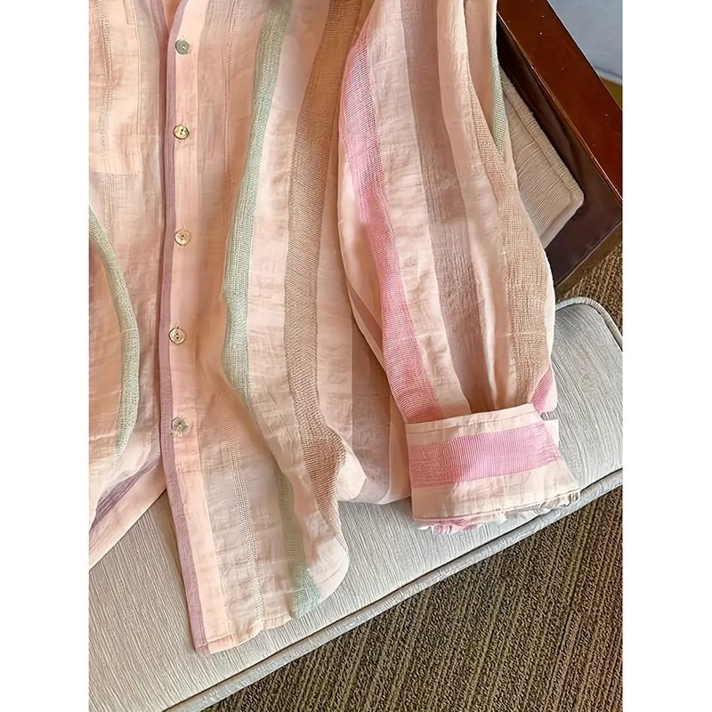 Womens Button Down Shirts Stylish Striped Long Sleeve Collared Office Work Blouses Tops - Image 2