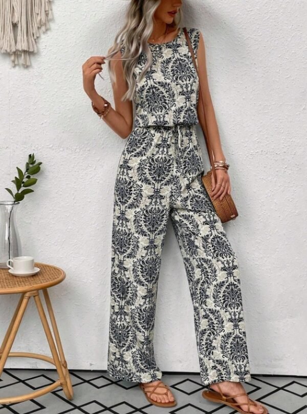 Printed Waist Cinching Casual Straight Leg Pants Set - Image 2