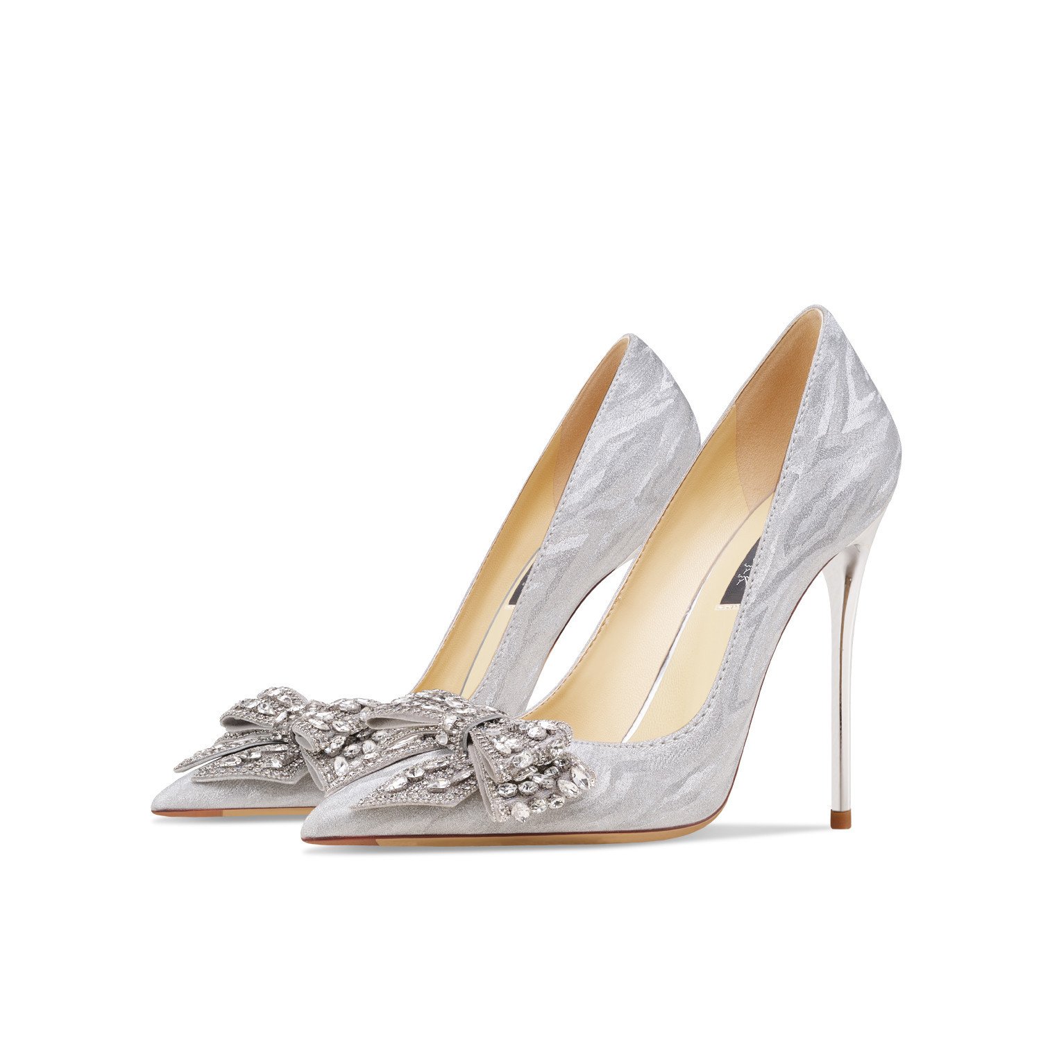 Genuine Leather Rhinestone Silver Bow High Heels - Image 3