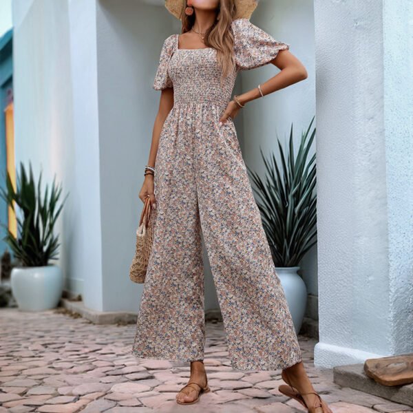 Square Collar Puff Sleeve Vacation Style Floral Jumpsuit - Image 4