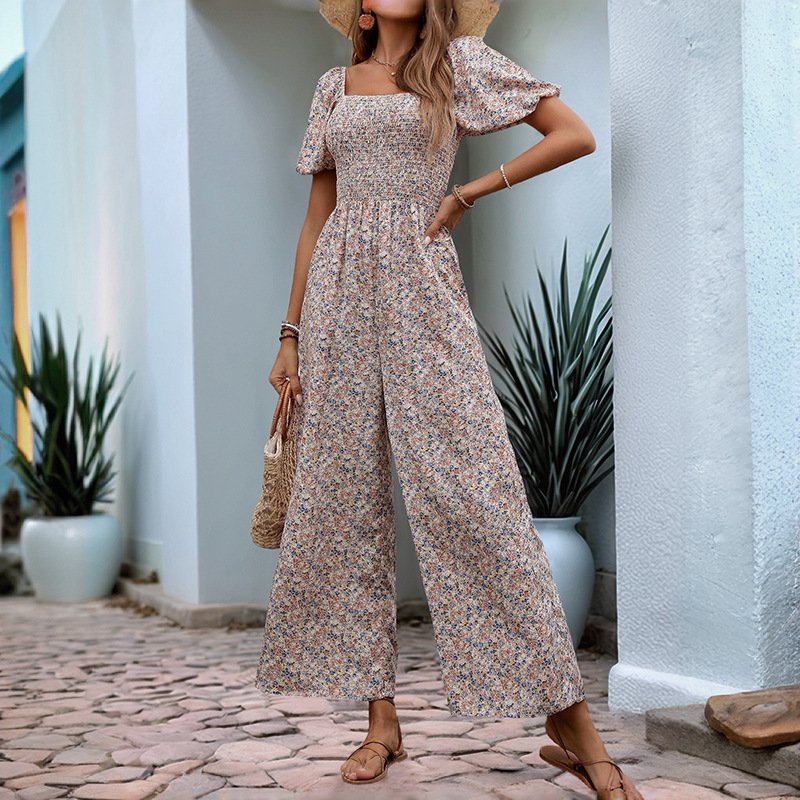 Square Collar Puff Sleeve Vacation Style Floral Jumpsuit - Image 4