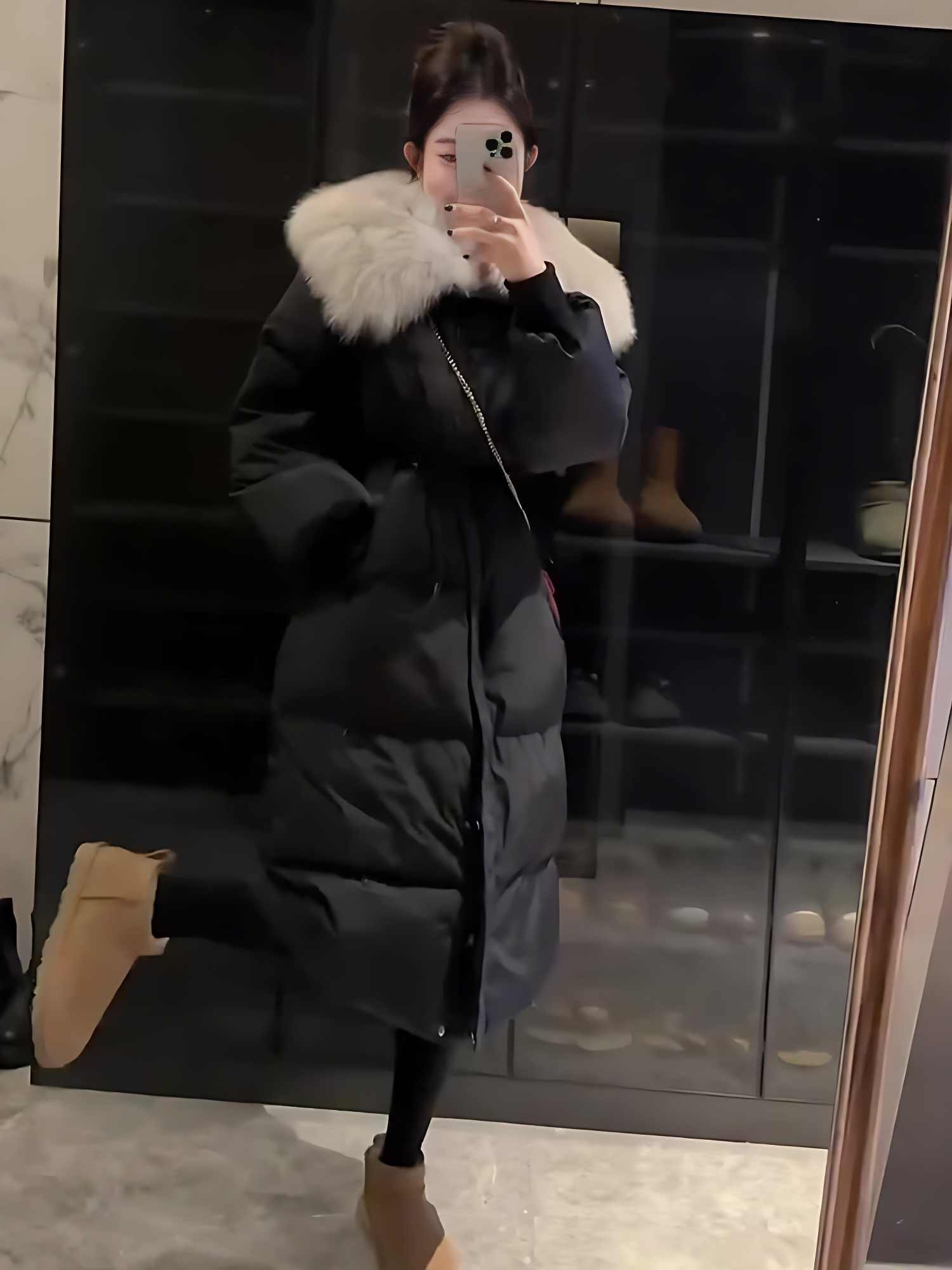 Fur Collar Overknee Long Jacket Women's Waist White Duck Down Coat - Image 5