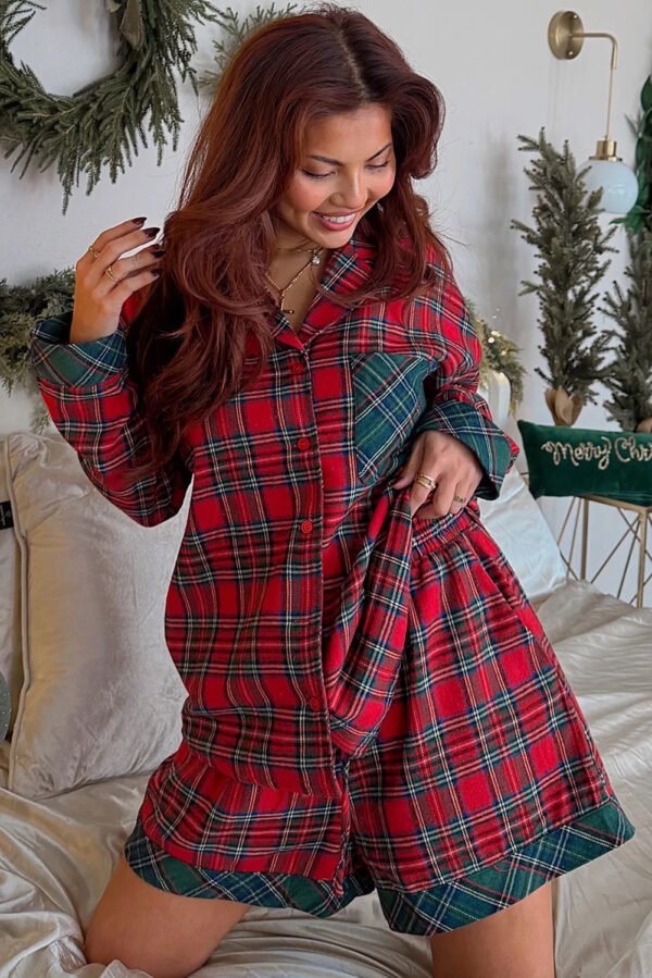 Red Plaid Contrast Patched  Long Sleeve Shirt - Image 5