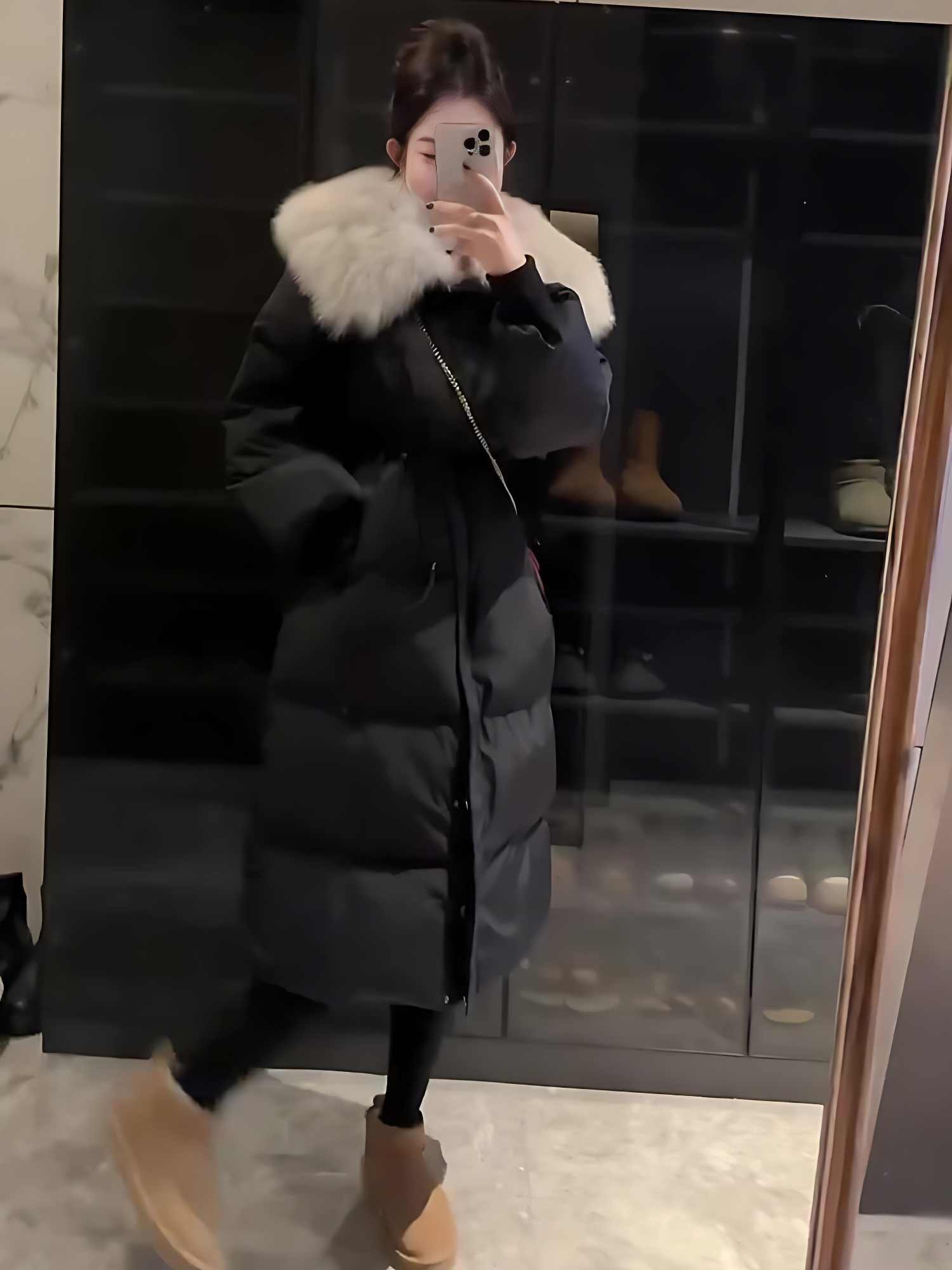 Fur Collar Overknee Long Jacket Women's Waist White Duck Down Coat - Image 3