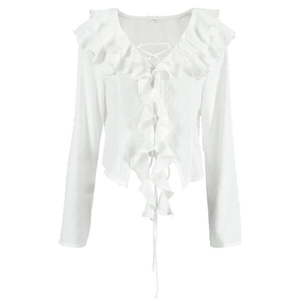 White Crepe Casual Ruffled Lace-up Long Sleeve Shirt - Image 5