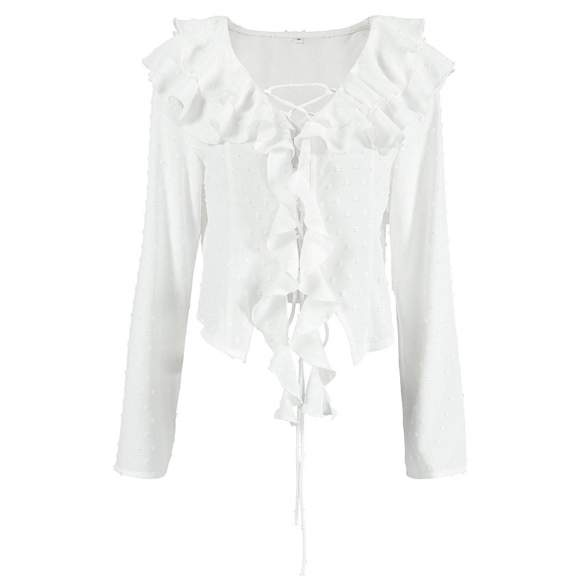 White Crepe Casual Ruffled Lace-up Long Sleeve Shirt - Image 5