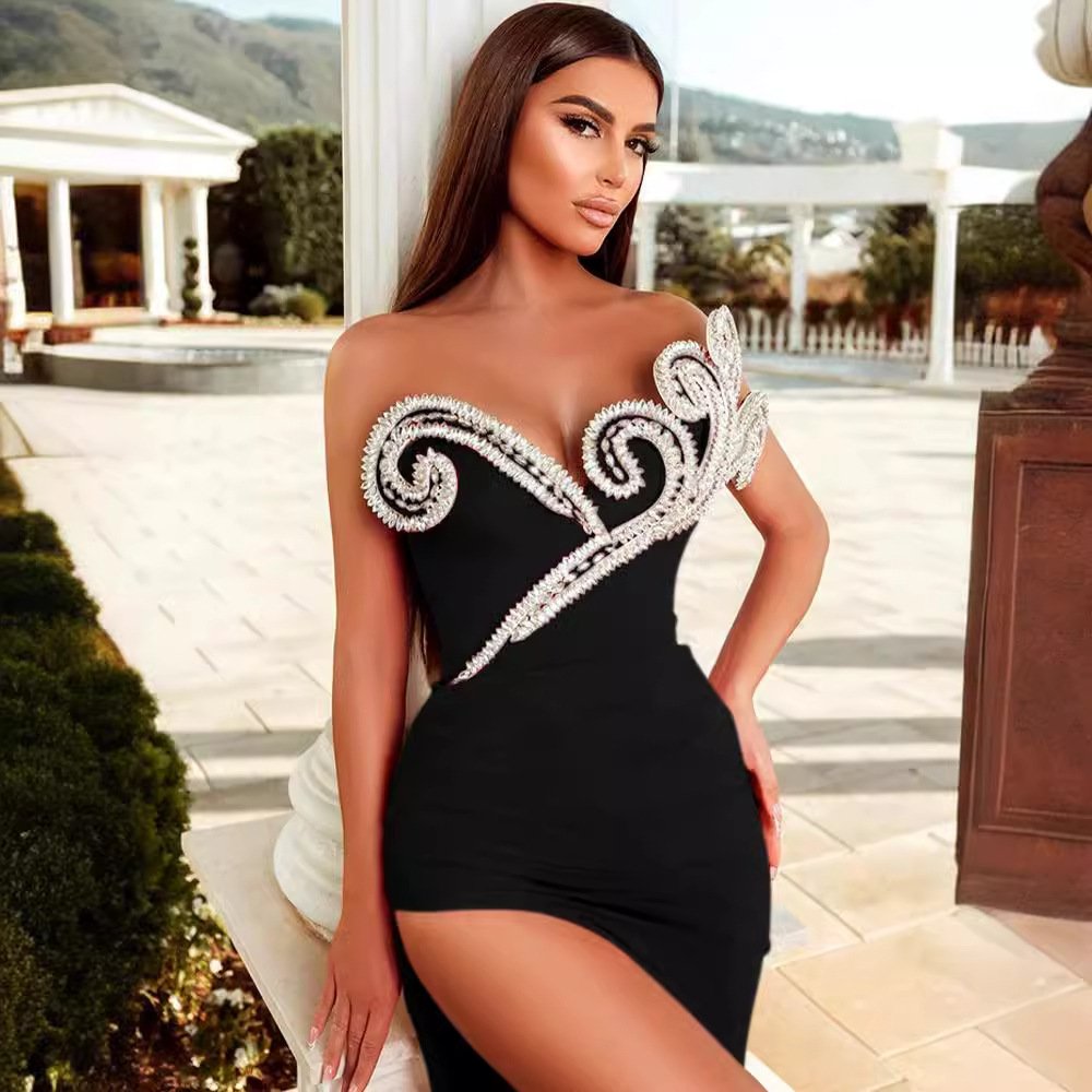 High-end Rhinestone High Slit Dress - Image 3