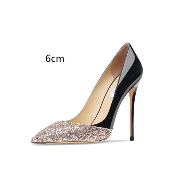 Women's Leather Stitching Gold Sequins High Heels - Image 3