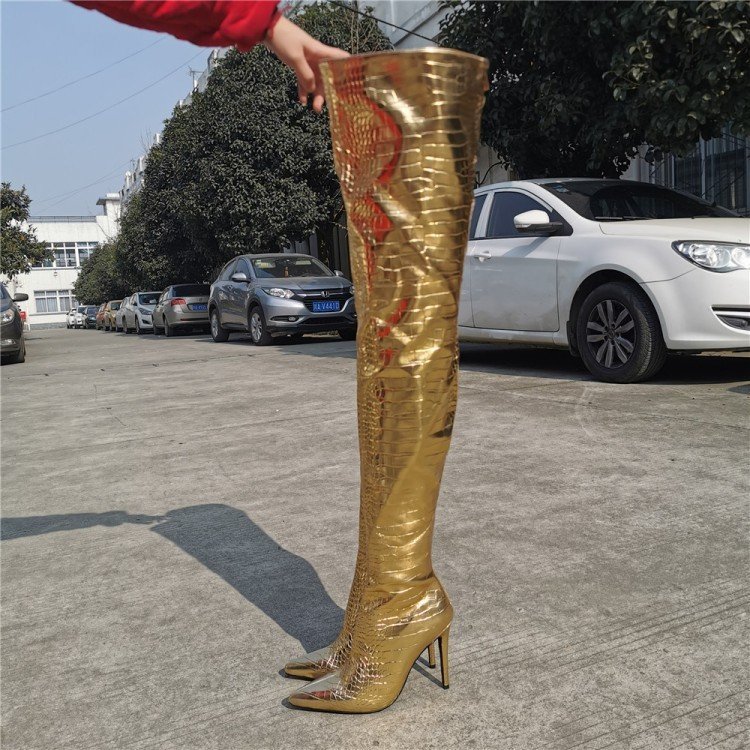 Fashion Gold Over The Knee Back Zipper High Heels - Image 3