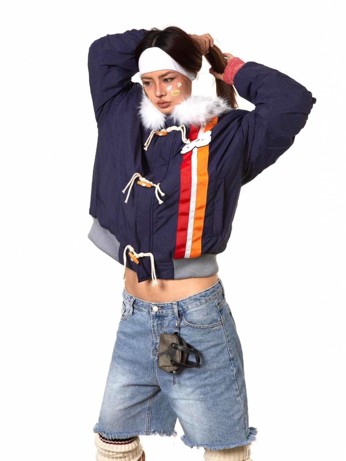 Horn Button Ribbon Short Fur Collar Cotton Coat - Image 5