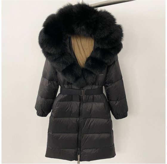 Women's Long Cinched Hoodie Real Fox Fur Collar Coat - Image 6