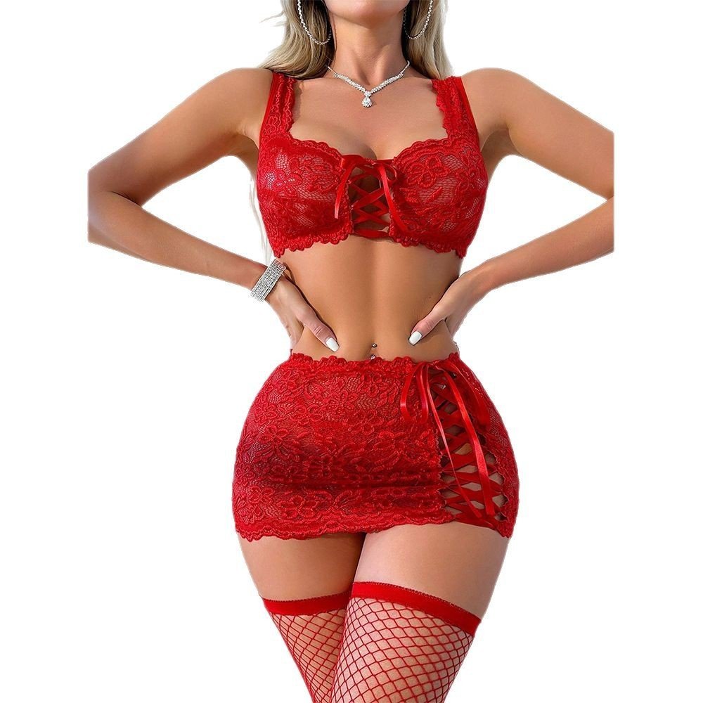 Underwear Lace See-through Temptation Bra Skirt T-back 3-piece Set - Image 5