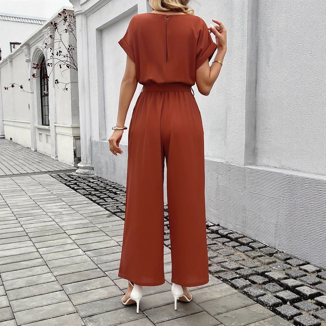 Women's Fashion Solid Color With Belt Round Neck Jumpsuit - Image 2
