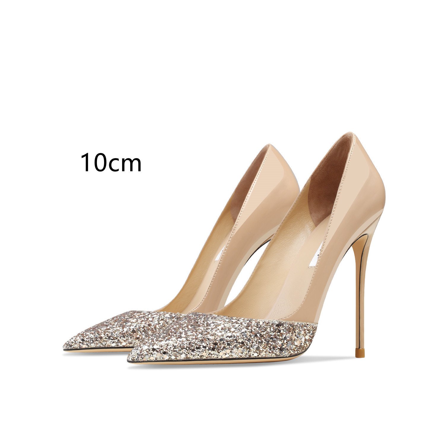 Women's Leather Stitching Gold Sequins High Heels - Image 7