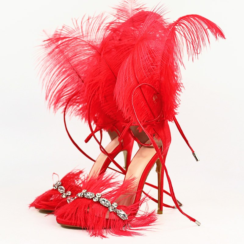 Catwalk Women's Shoes Rhinestone Feather Nightclub High Heels - Image 2