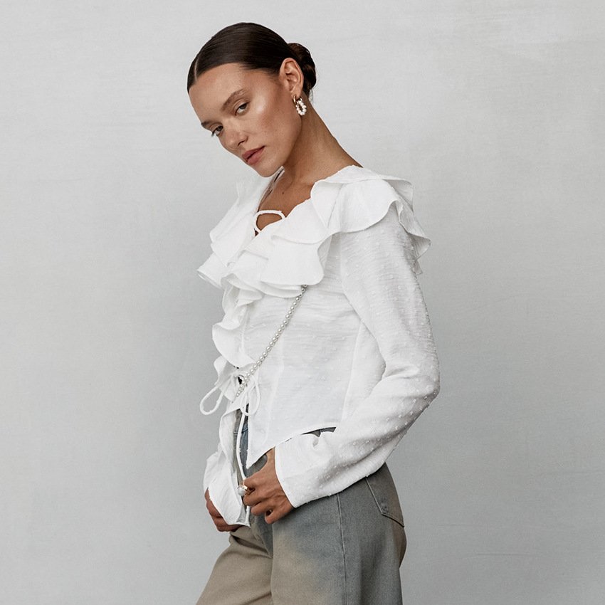White Crepe Casual Ruffled Lace-up Long Sleeve Shirt - Image 4