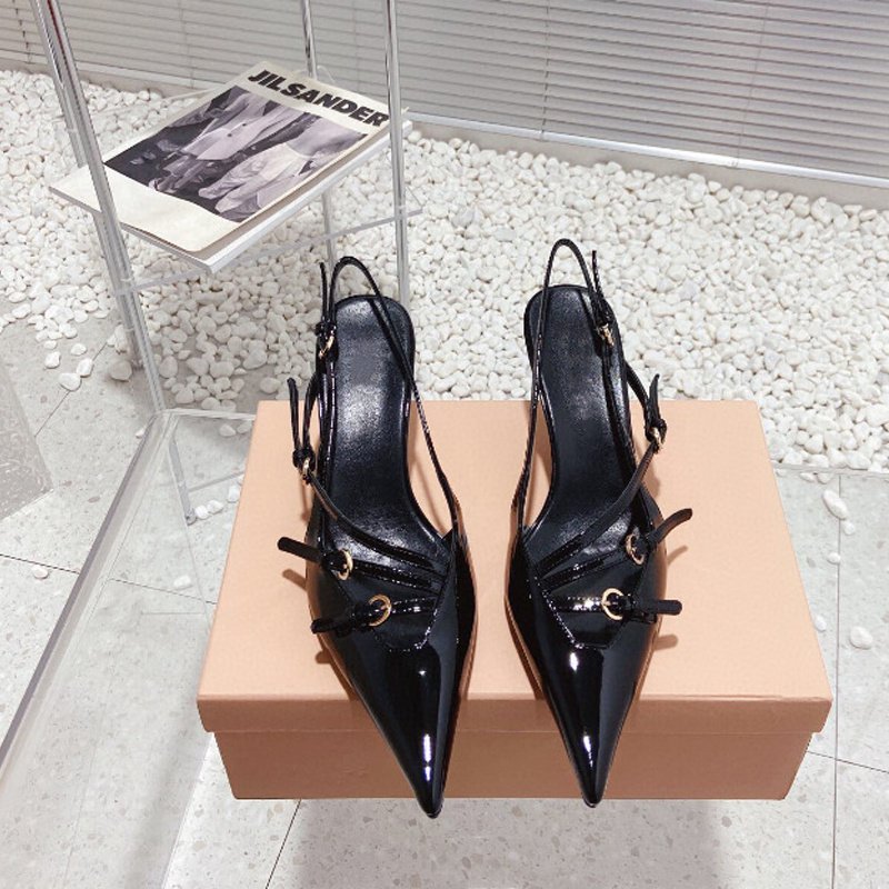 French Style Pointed Toe Kitten Heel Sandals Closed Toe Back Strap High Heels Belt Buckle - Image 4