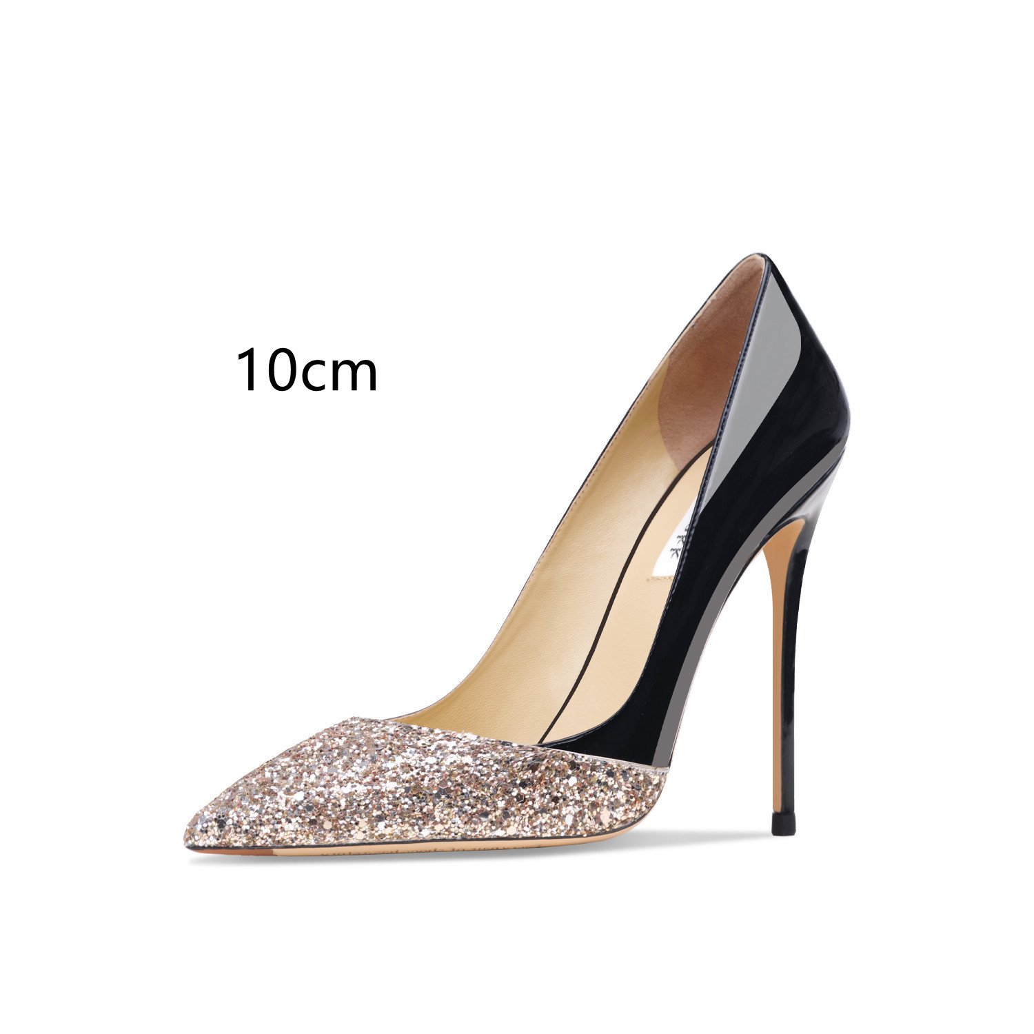 Women's Leather Stitching Gold Sequins High Heels - Image 8