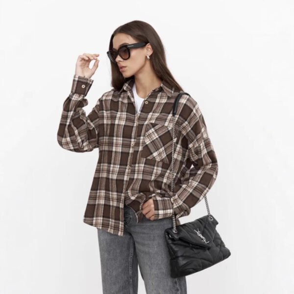 Retro Style All-match Plaid Lapel Long Sleeve Shirt - Image 4