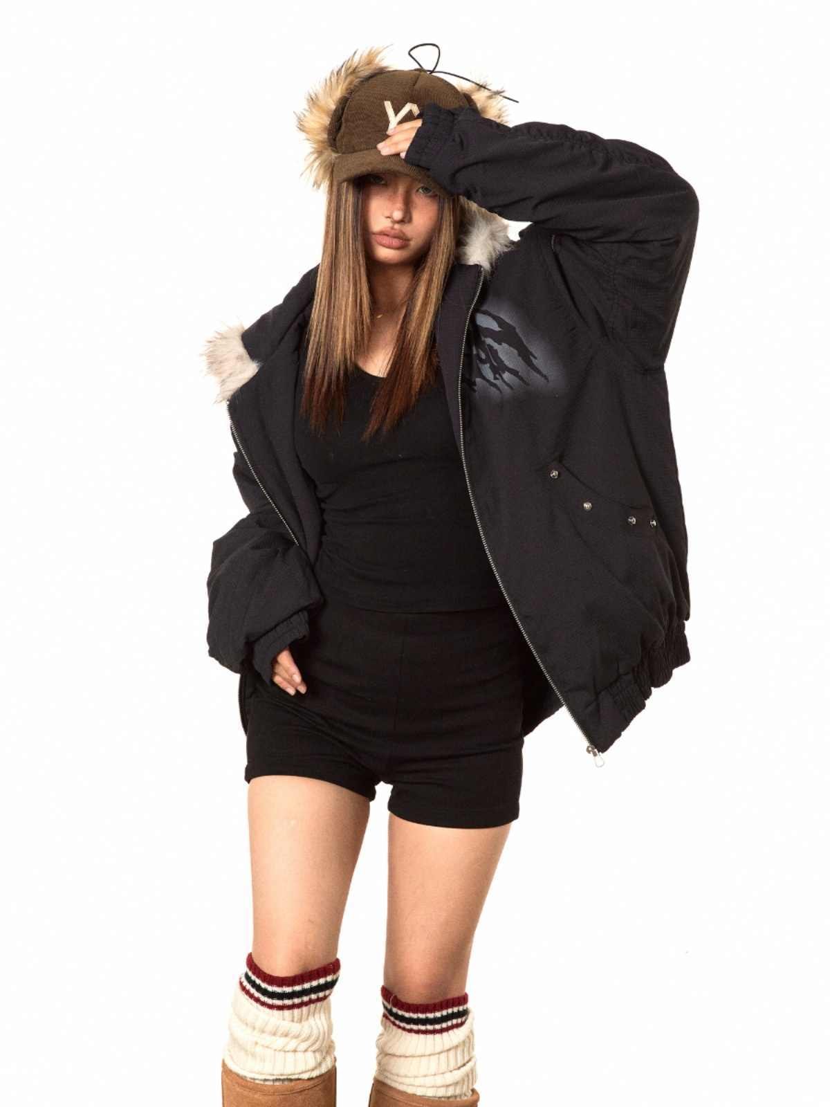Printed Hooded Fur Collar Cotton-padded Coat Baggy Coat - Image 2