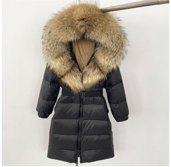 Women's Long Cinched Hoodie Real Fox Fur Collar Coat - Image 5