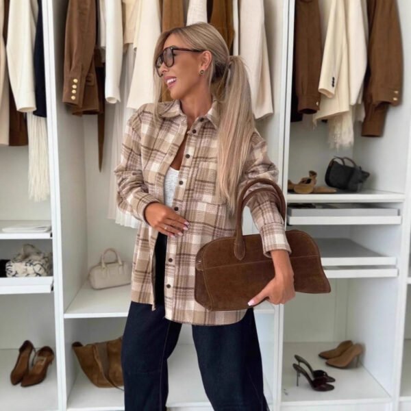 Loose Long Sleeve Casual Plaid Button Shirt For Women - Image 2