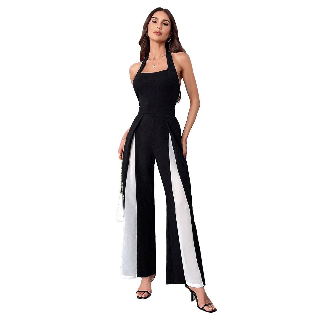 Black And White Color Matching Straight Halter Jumpsuit - Image 4