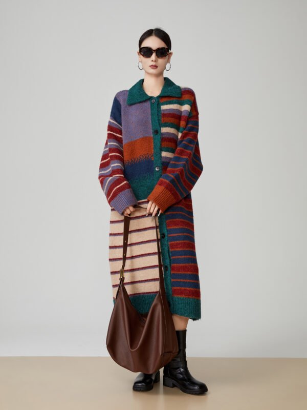 American Retro Color Stripes Long Sweater Coat Women - Image 5