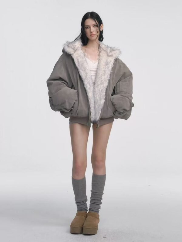 Gray Double-sided Dyed Pointed Fur Vintage Cotton-padded Jacket Coat - Image 2